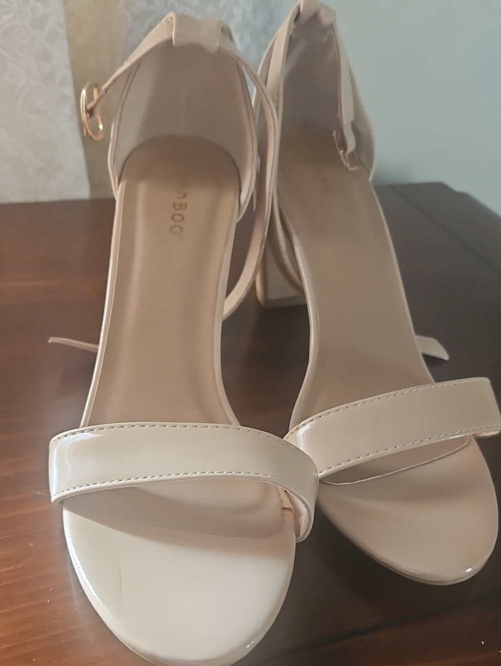 Bamboo Women's Nude Ankle-Strap Block Heel Sandals